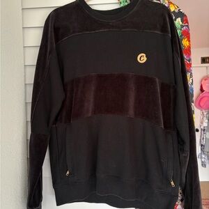 Cookies Black and Black Velvet Crewneck Sweater Zip Pockets